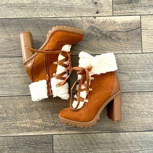 Brown and white faux fur ankle boots brown and gold lace, zip on the sides
